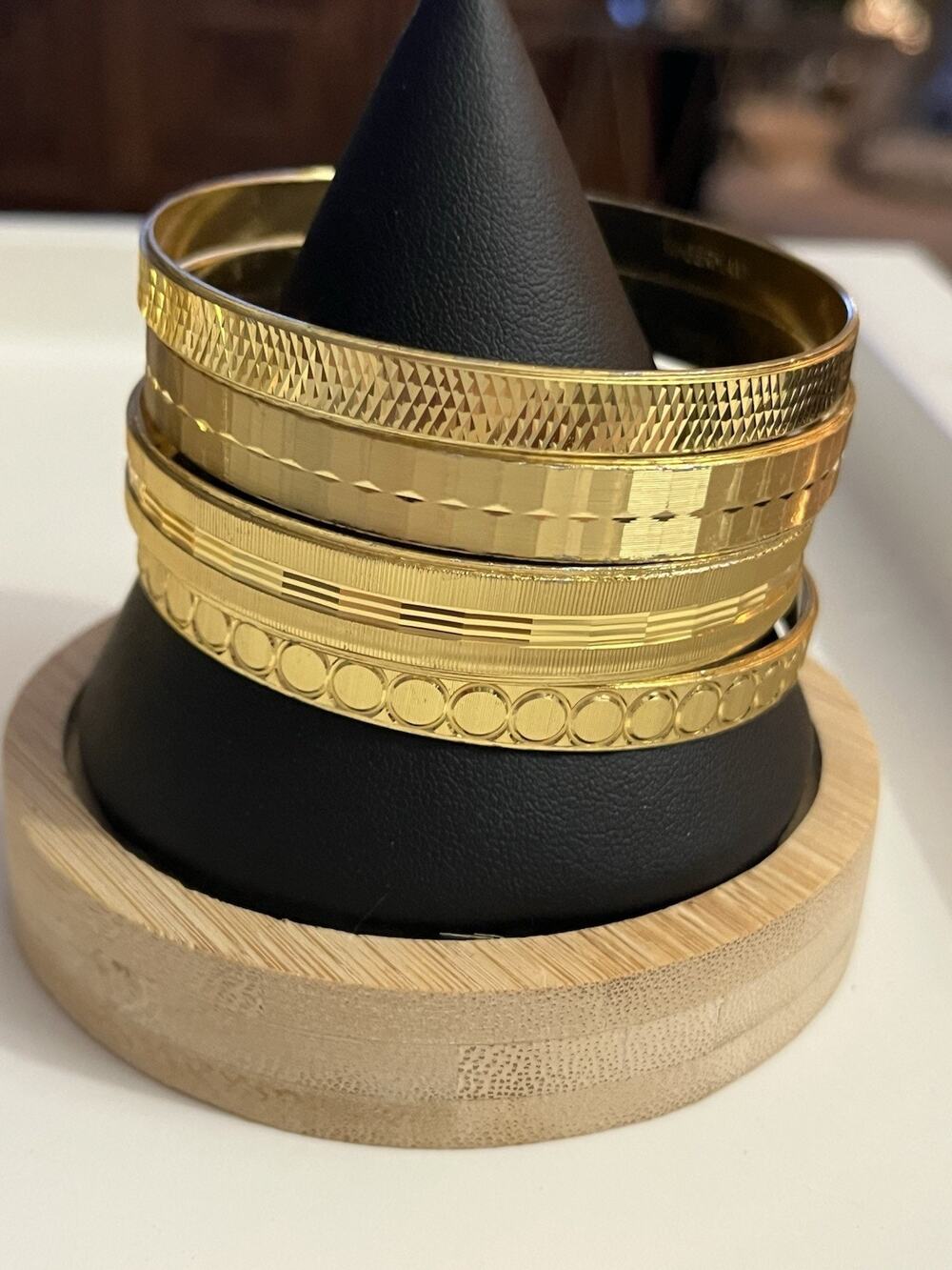Set Vintage W. Germany Costume Gold Tone Wide Etched Bangle Bracelets 8" (B3-1)